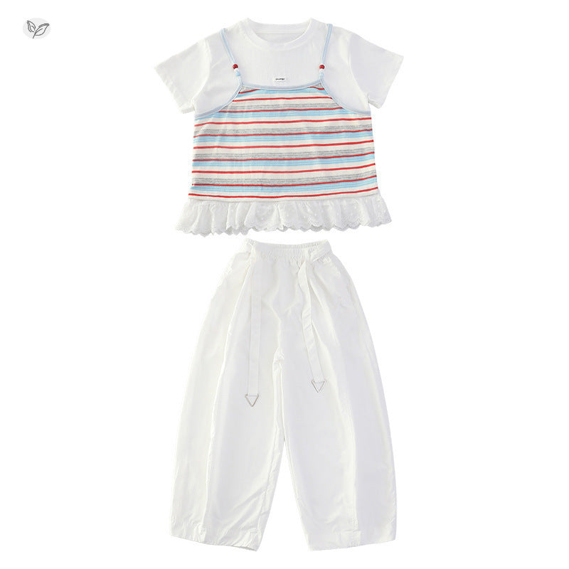 Two-piece Suspender T-shirt Pants Summer Middle Big Lace Striped Short Children's Suit
