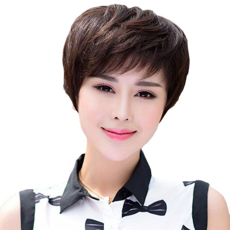 Women's Headgear Real Full Light Breathable Cover Gray Mother's Wig Short Straight Hair