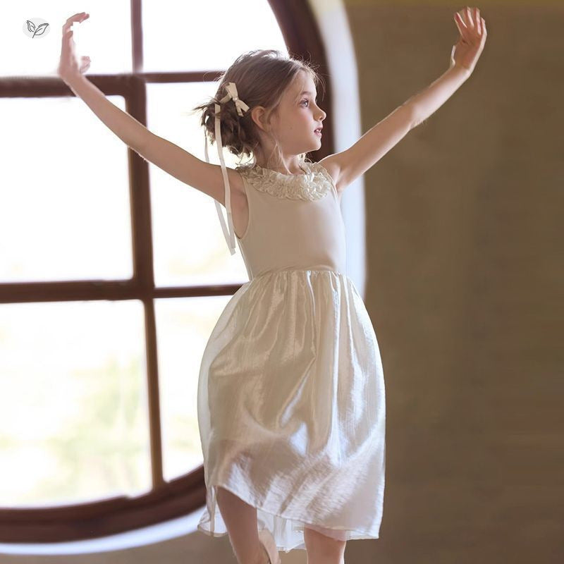 Children's Summer Wooden Ear Glossy Princess Gown Cool Children's Dress