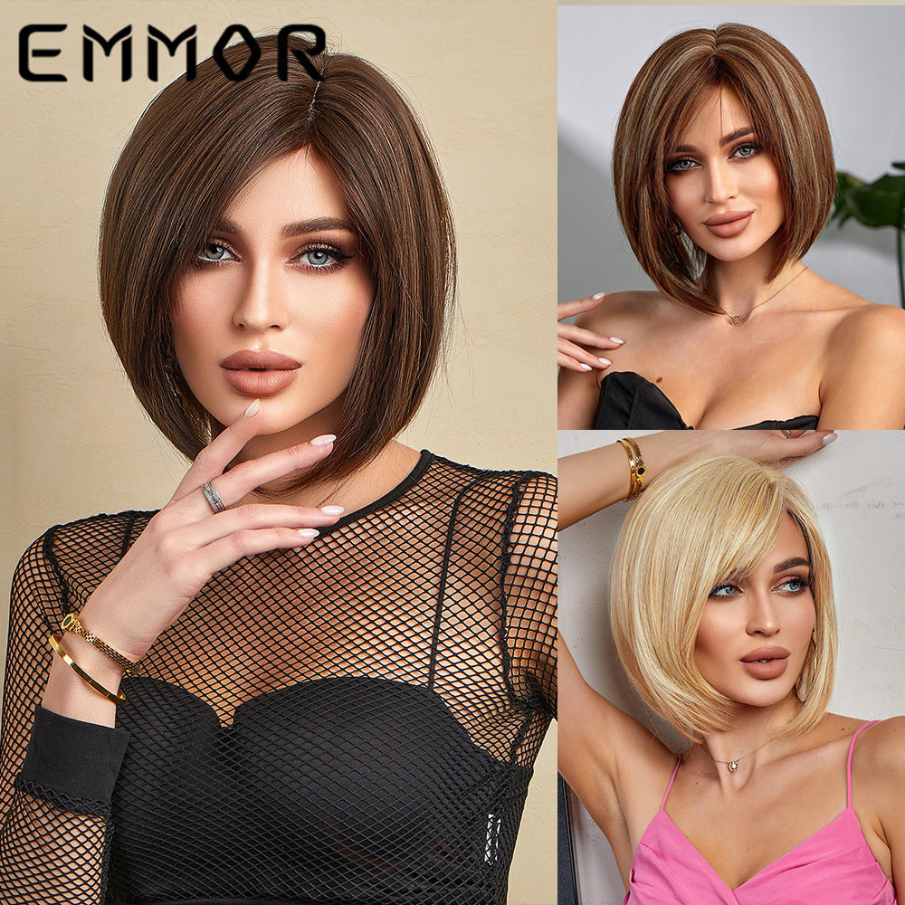 Female Oblique Short Hair Summer Forehead Hand-woven Chemical Long Straight Wig