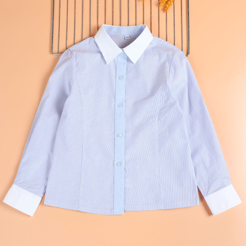 Striped Long-sleeved Cotton White Collar Middle Large Primary School Uniform Children's Shirt
