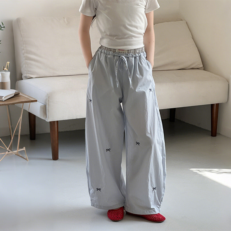 Embroidered Bow Loose Teens Casual Straight Children's Pants