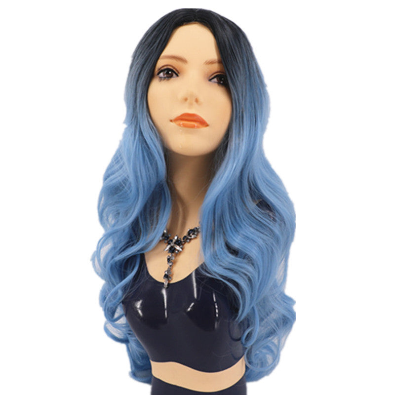 Women's Black Blue Gradient Curly Hair Fiber Medium Wig Long Curls
