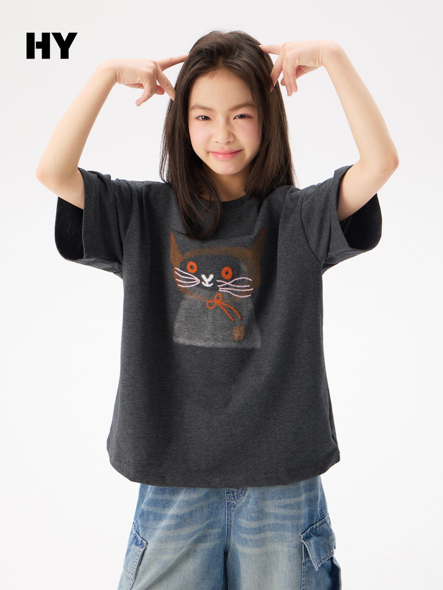 Children's Short-sleeved Summer Clothing Middle Big Cotton Coat Cartoon Kitten Half-sleeved Children's T-shirt