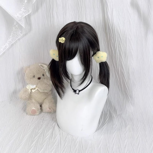 Level Side Bangs Collarbone Length Haircut Style Double Ponytail Full Wig Short Straight Hair