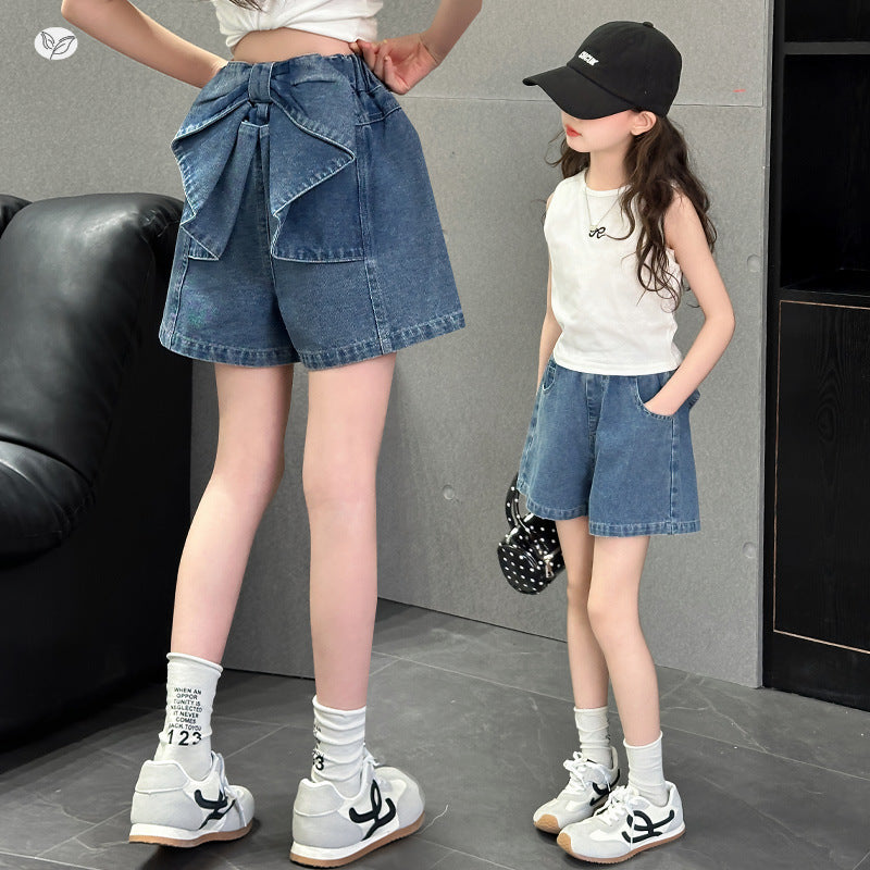Children's Denim Shorts Western Style Bow Older Children's Pants
