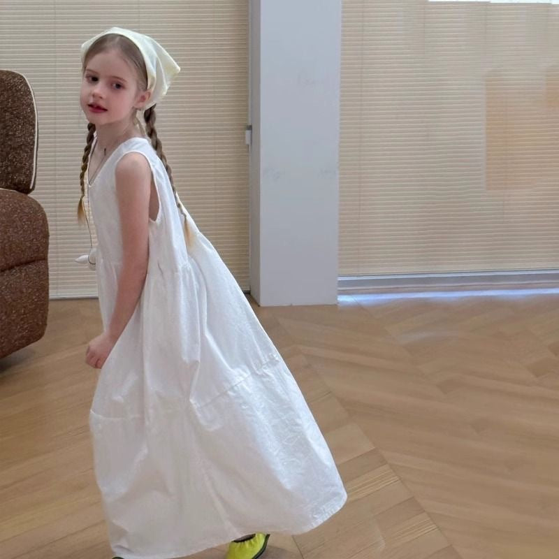 Children's Linen Summer Medium Big Casual Wear Sleeveless Vest Midi Children's Dress