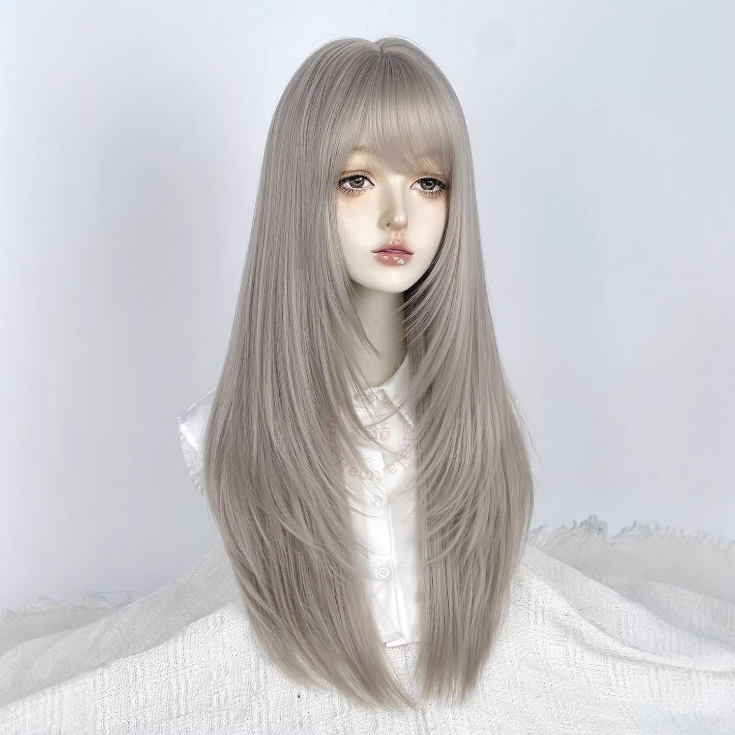 High-level Sier Gray Female Bangs White Long Straight Wig
