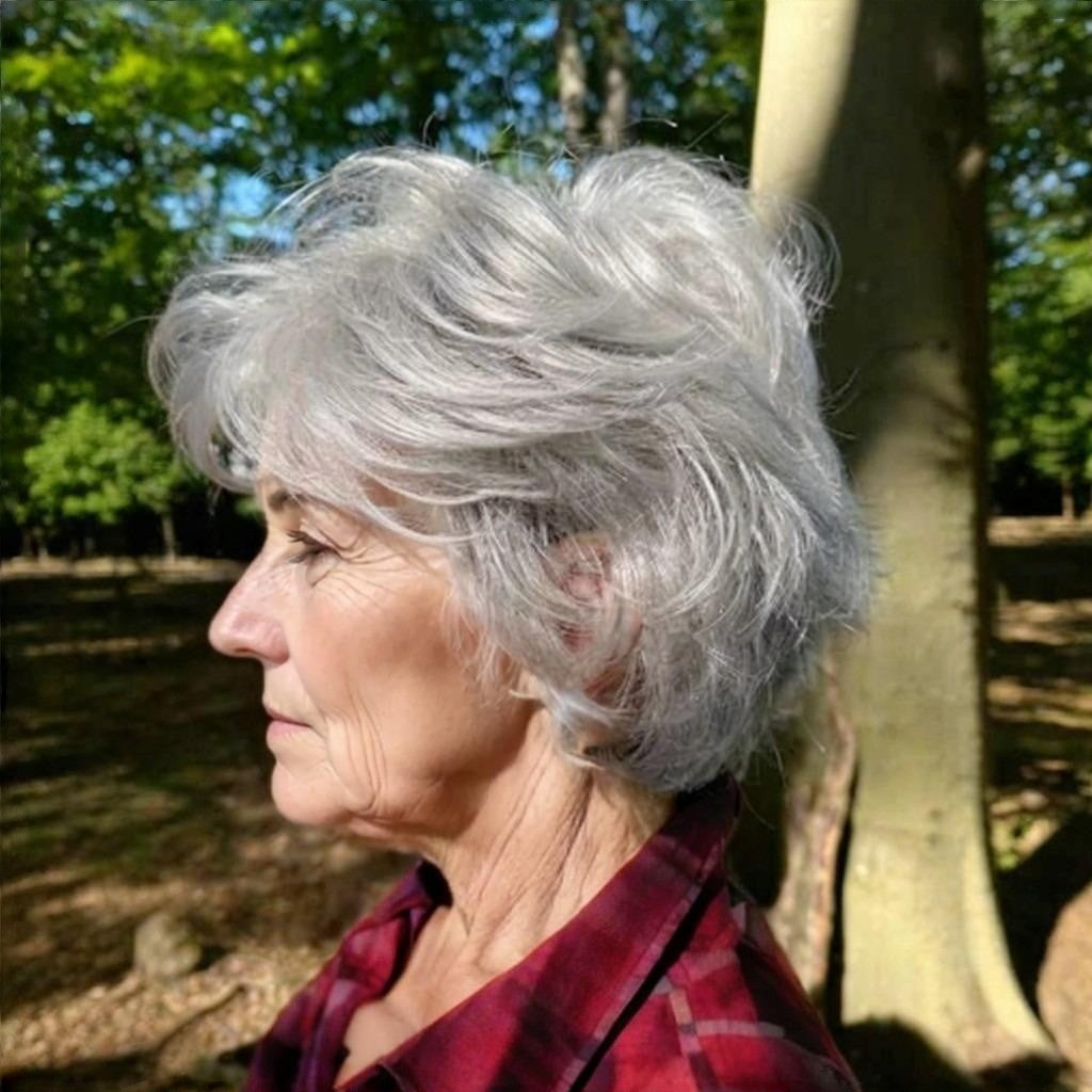 Women's Old Lady Grandma Head Cover Gray White Wig Short Straight Hair