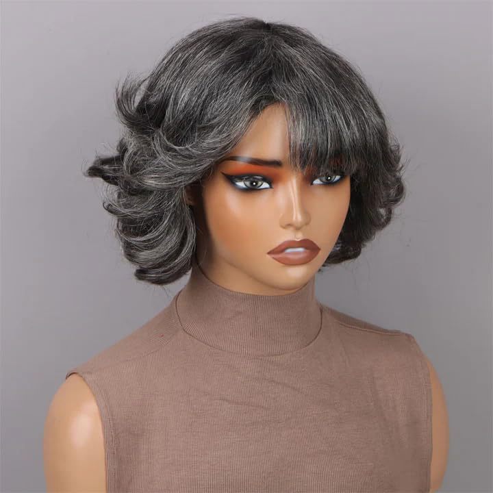 Human Mechanism Short Dark Gray Light Granny Grey Wave Curly Real Hair Wig