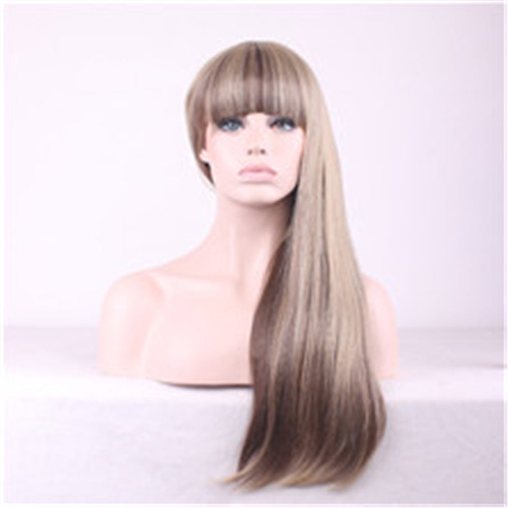 Rose Net Mixed Color Gradient Straight Bangs Female Hair Chemical Wig Long Curls