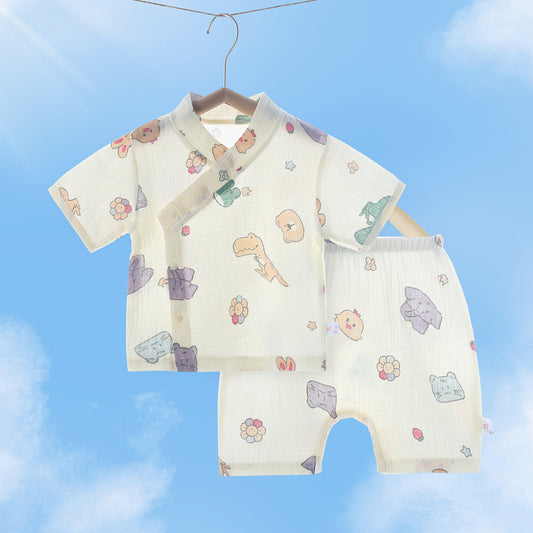 Thin Gauze Cotton Short Sleeve Top Pants Pajamas Air Conditioning Children's Suit