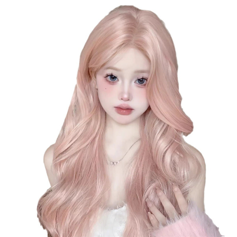 Rose Pink Hair Mid-length Bangs Big Wave Wig Long Curls