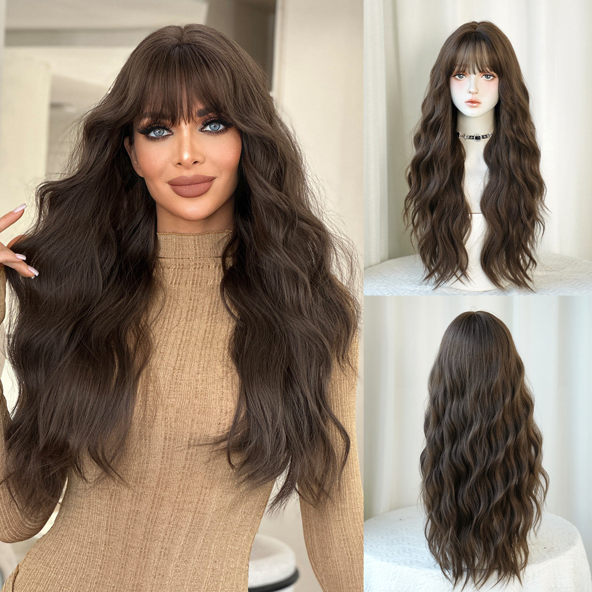 Super Brown Female Big Wave Curly Hair Daily Use Natural Wig Long Curls