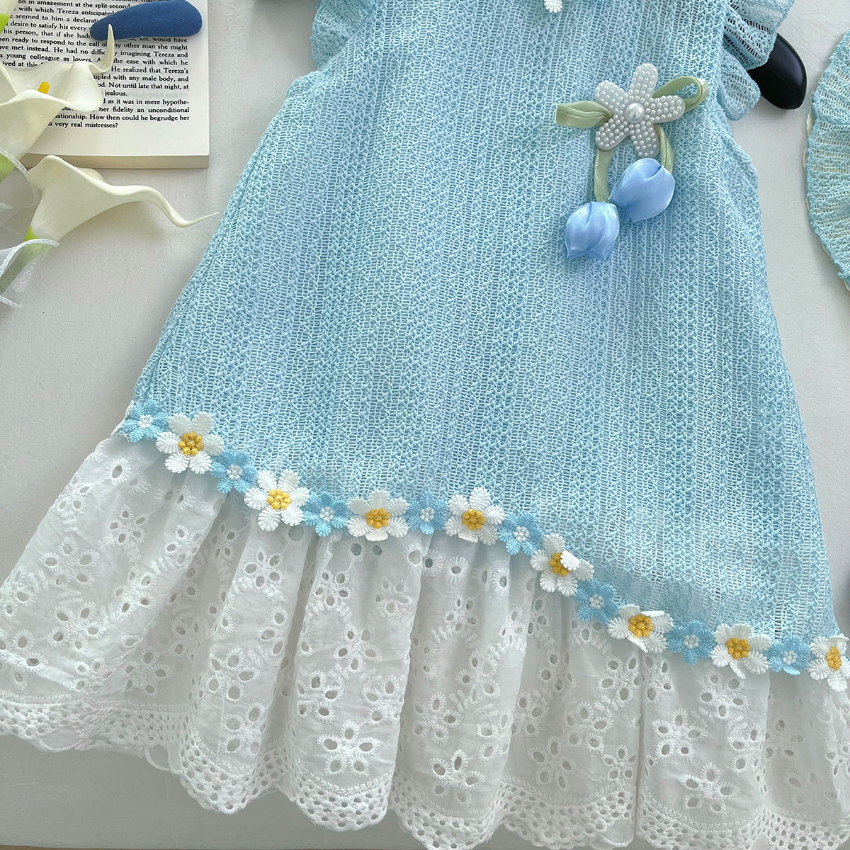 Summer Sleeveless Stitching Mesh Flower Korean Style Western Children's Dress