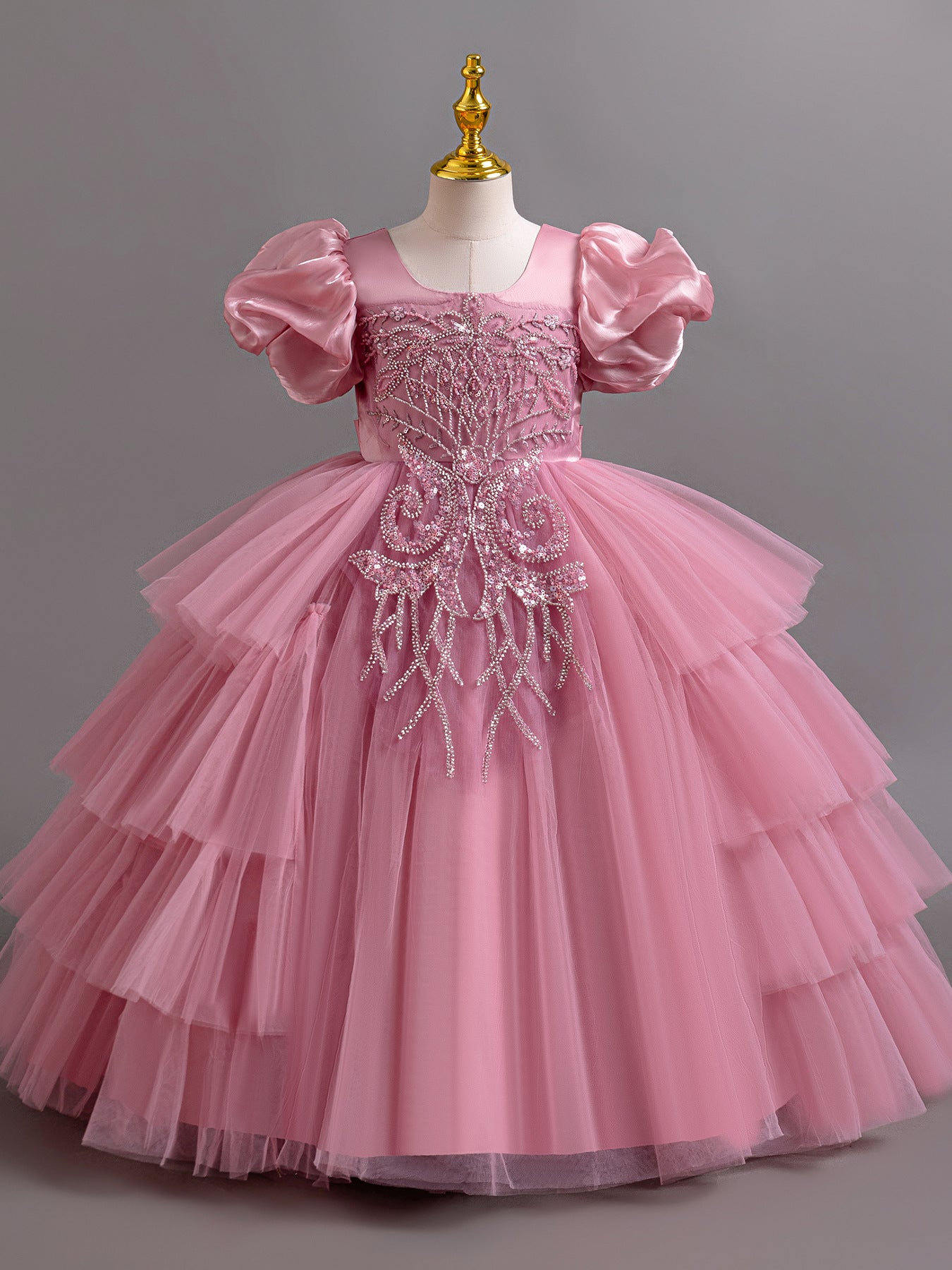 Children's Irregular Puff Sleeve Princess Flower Wedding Performance Level Cake Children's Dress