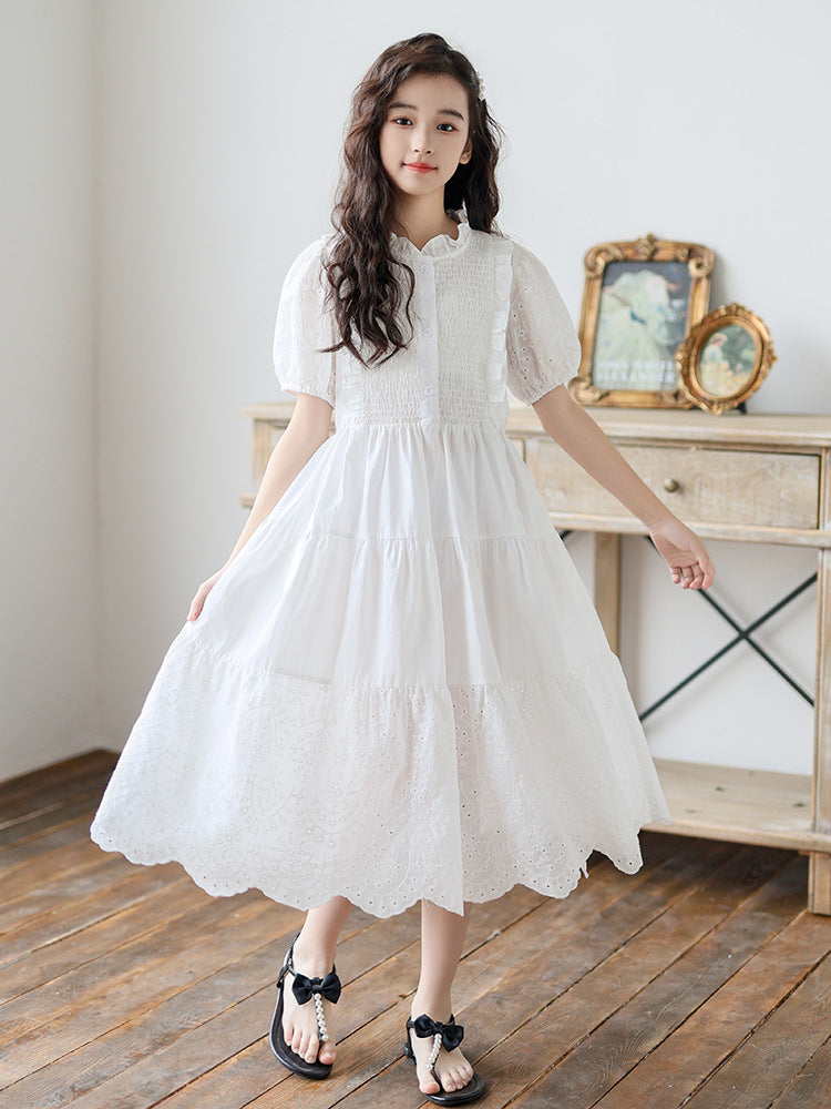 High-grade Wooden Ear Collar Smocking Skirt Big Children's Dress