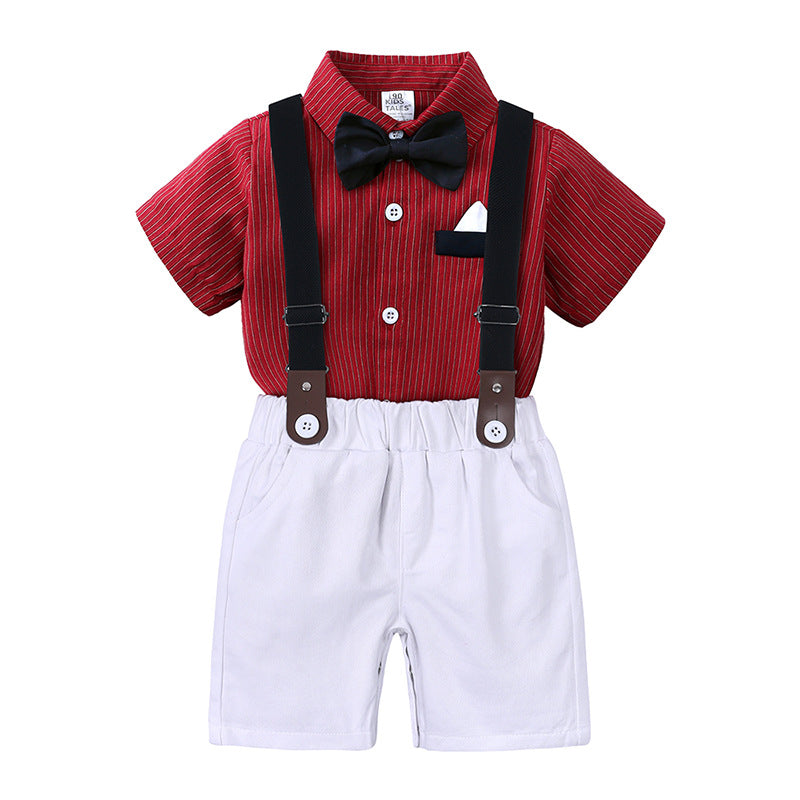 Gentleman Shirt Boy's Striped Short Sleeve Bow Tie Suspender Pants Children's Suit