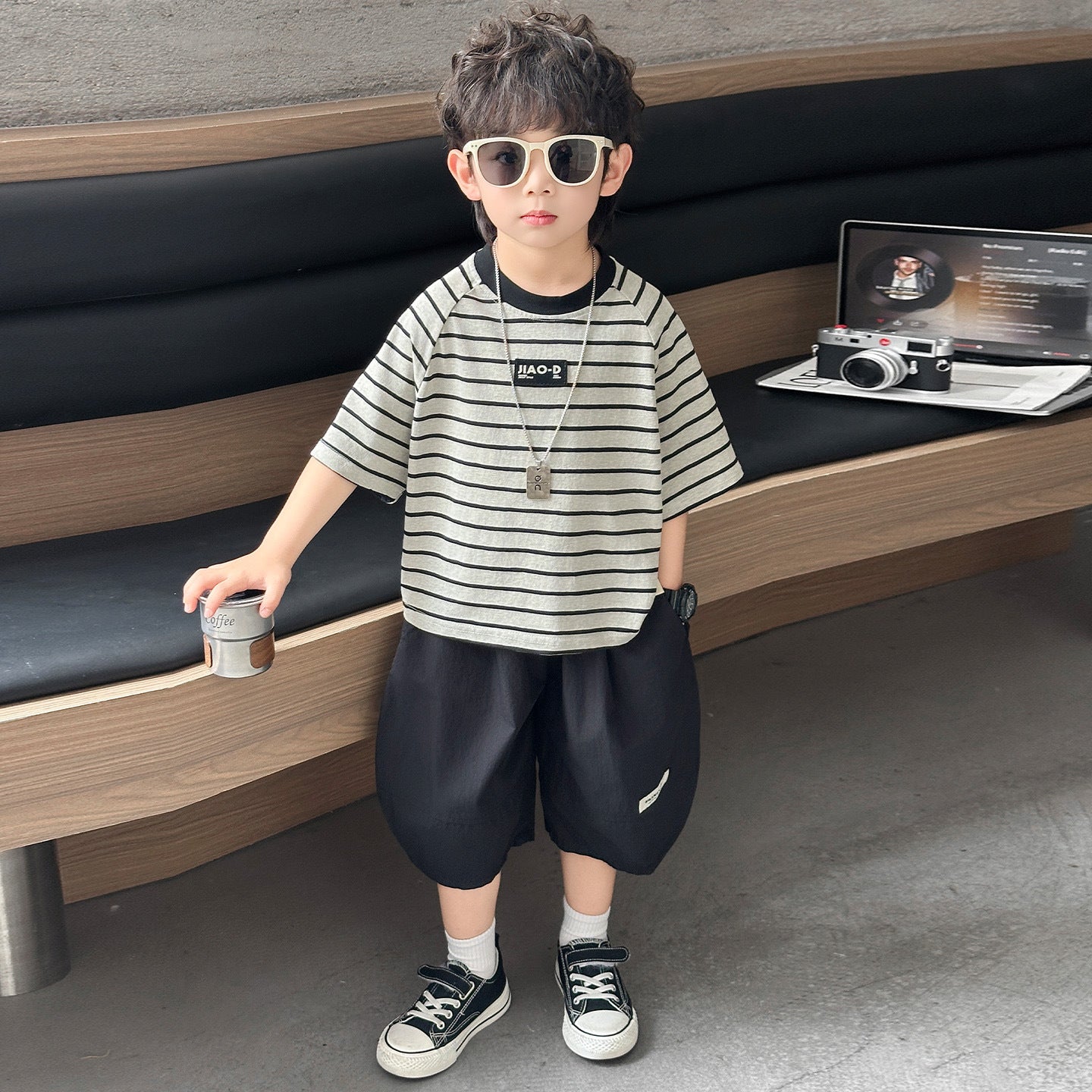 Children's Summer Striped Short-sleeved Korean Shorts Two-piece Children's Suit