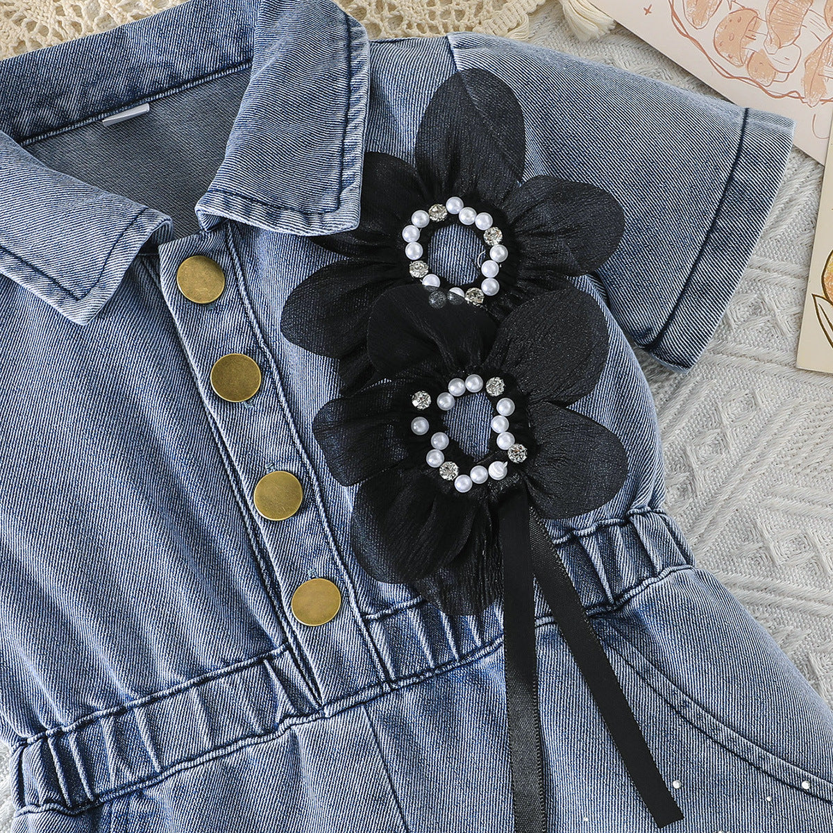 Lapel Waist Tight Pearl Flower Decoration Jumpsuit, Climbing Suit