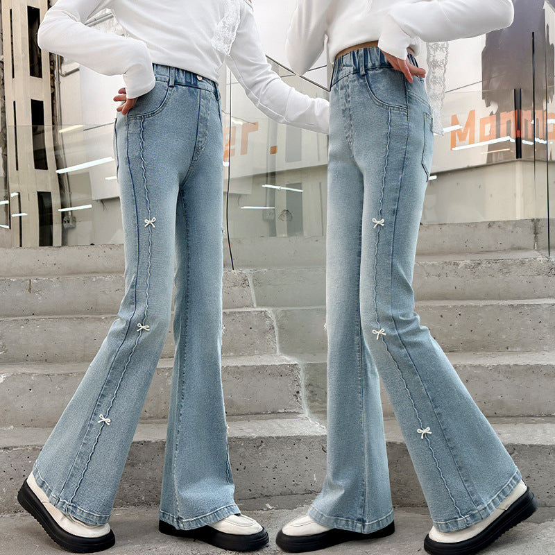 Children's Skinny Jeans Medium Big Bell-bottom Casual Fleece-lined Children's Pants