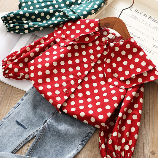 Children's Korean Style Fashionable Polka Dot Large Lapel Long Sleeve Doll Children's Shirt
