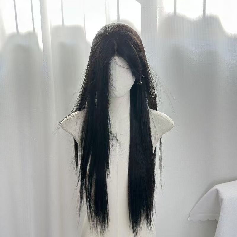 White Moonlight Female Black Mid-length Bangs Universal Simulation Long Straight Wig