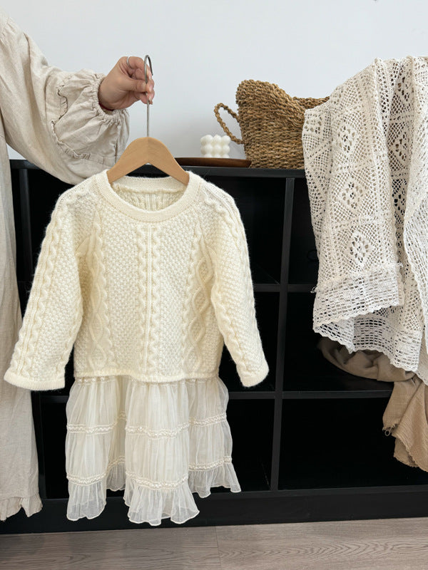 Children's Korean Style Clothing Sweater Stitching Mesh Princess Knitted Children's Dress