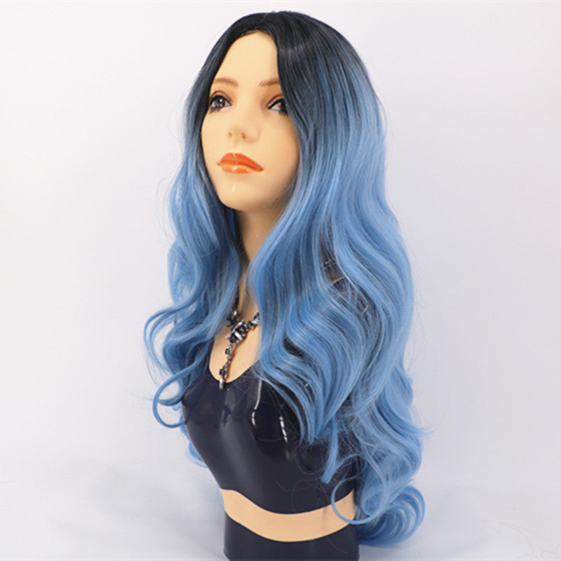 Women's Black Blue Gradient Curly Hair Fiber Medium Wig Long Curls