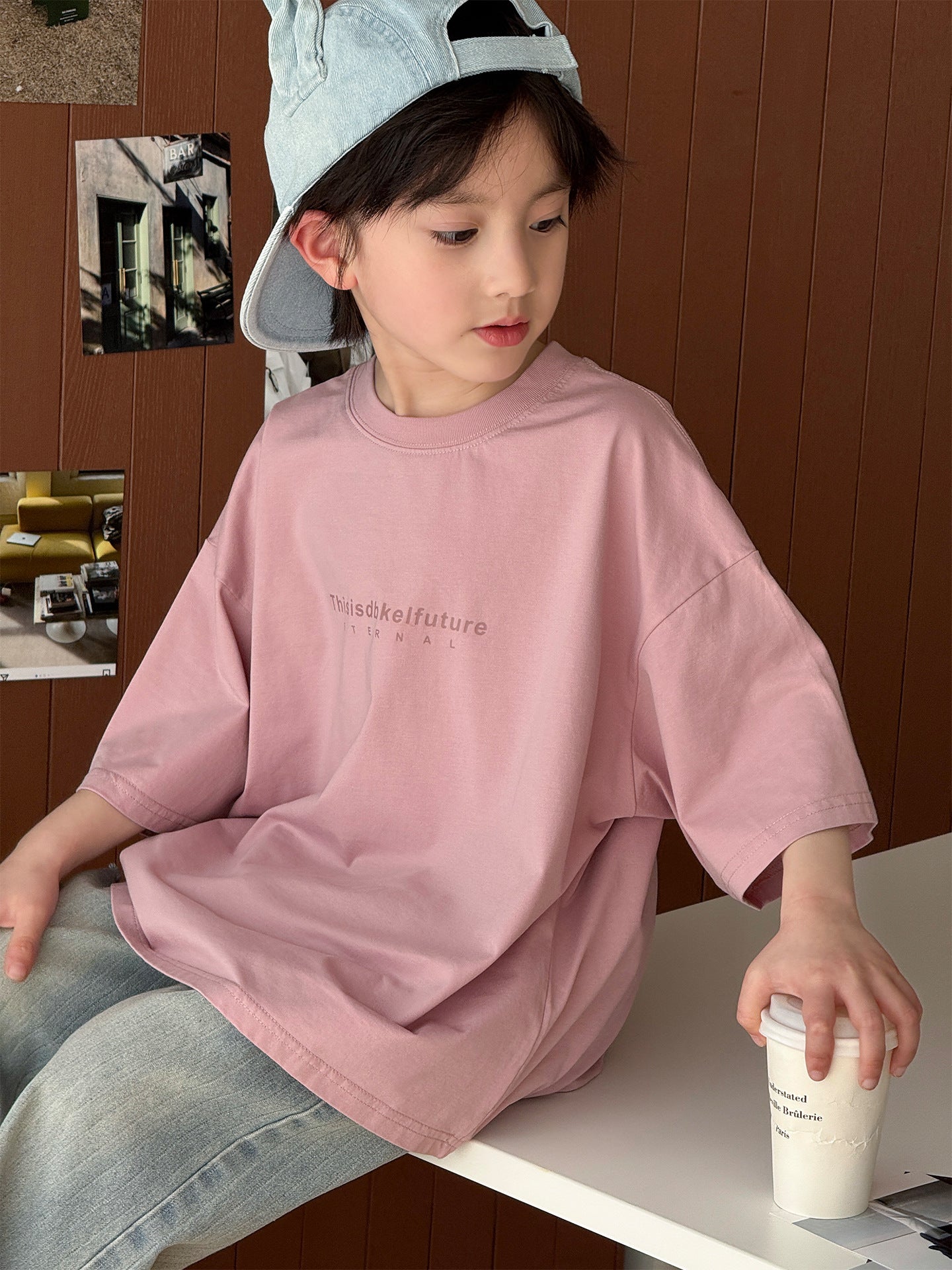 Children's Summer Korean Style Fashion Simple Letter Print Casual Loose Boys Children's T-shirt
