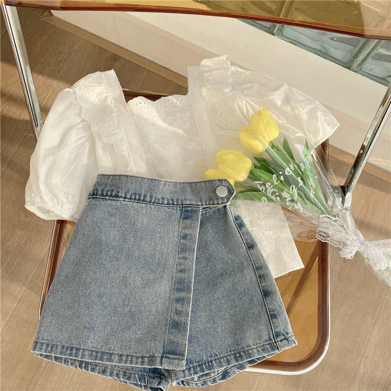 Summer Korean Fashion Two-piece Lace Top Children's Suit