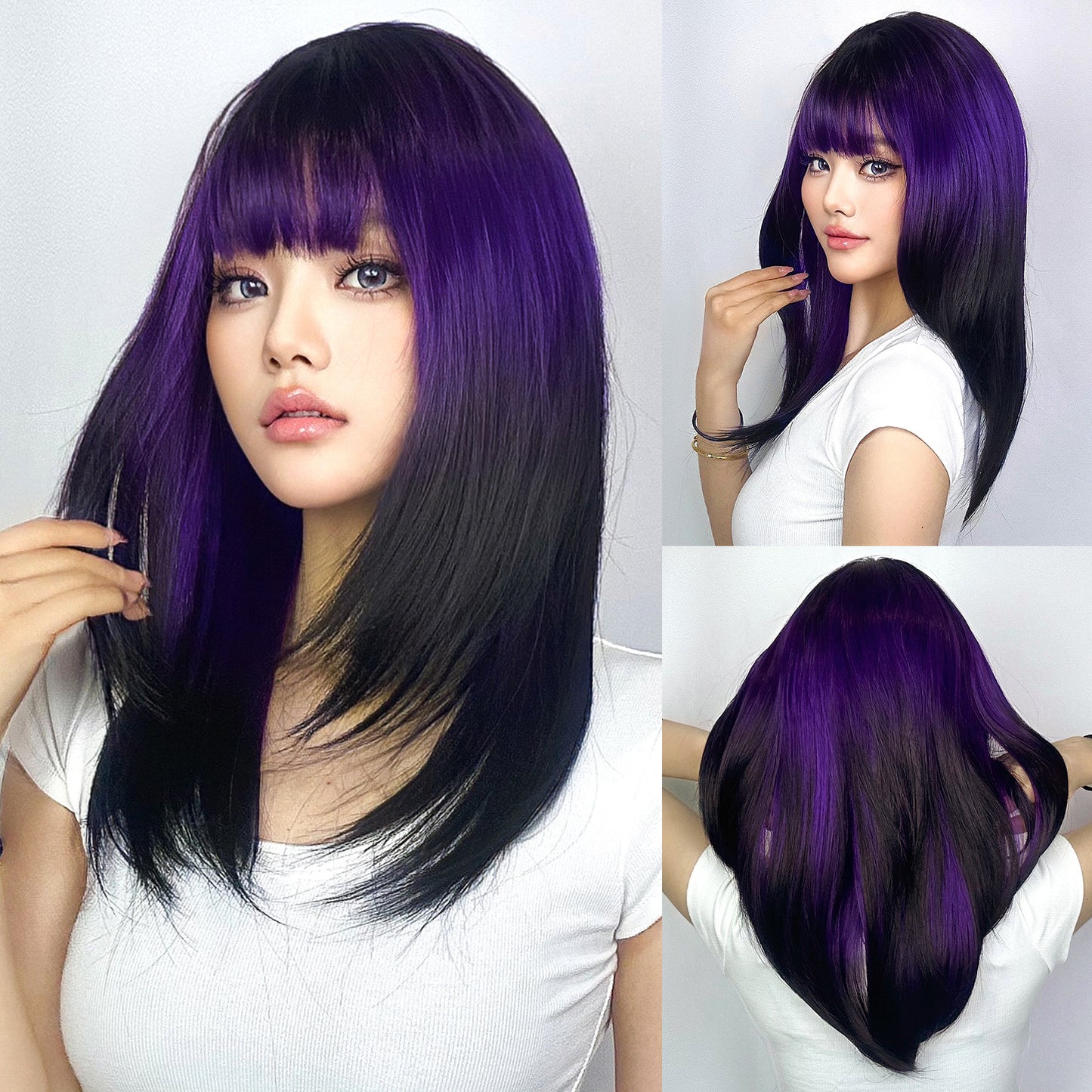 Punk Pink Gradient Dark Brown Fringe Straight Wig Long Curls