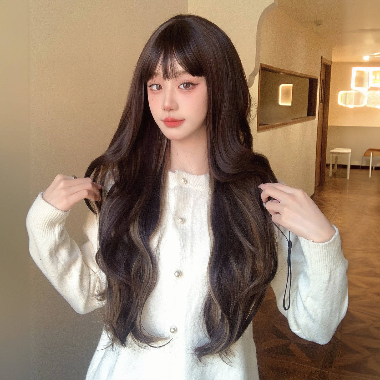 Women's Korean Long Bangs Big Wave Simulation Natural White Gold Color Wig Short Curly Hair