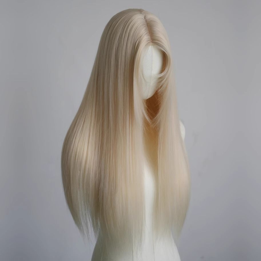Female White Gold Color Forehead Lace Mid-length Golden Hair Blonde Long Straight Wig