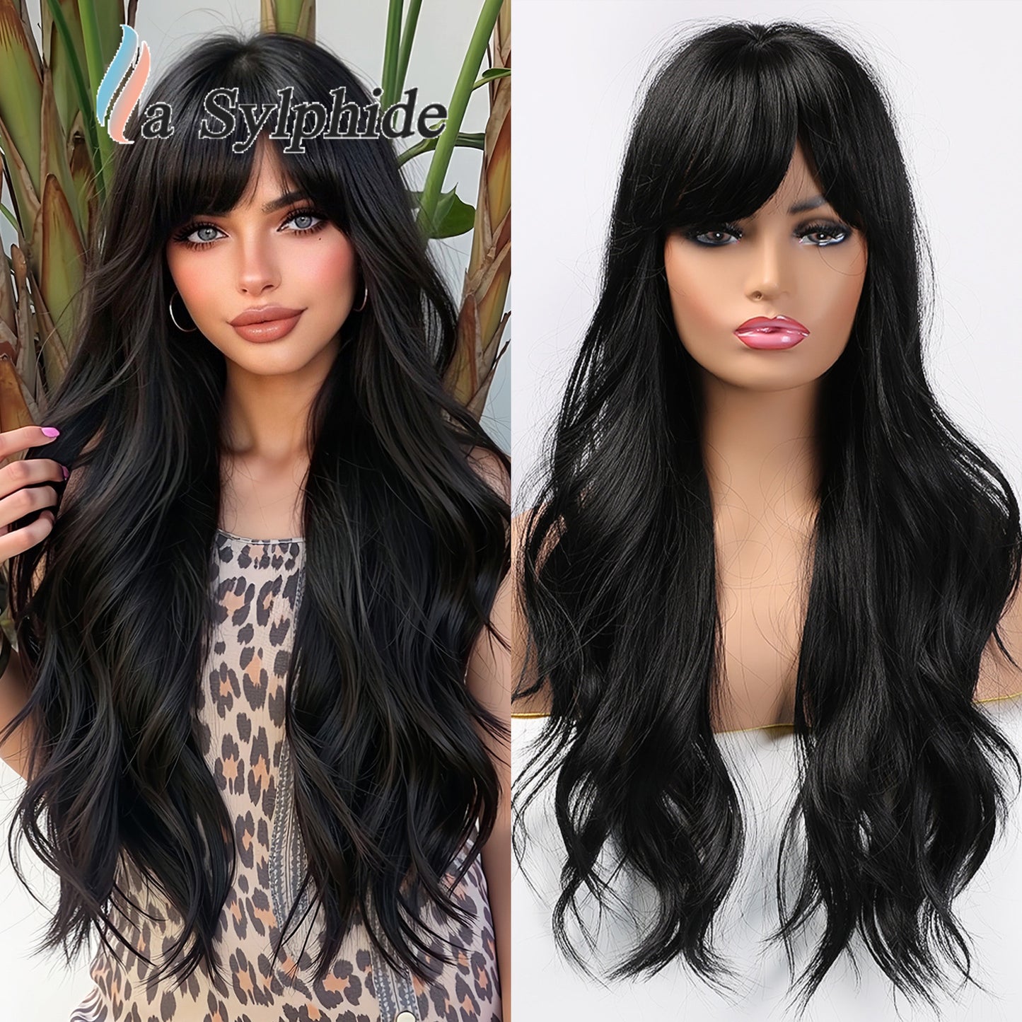 Women's Black Bangs Curly For Fiber Wig Long Curls
