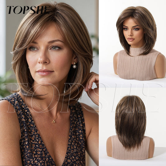 Women's Short Wave Head Gray Brown Highlight Long Straight Wig
