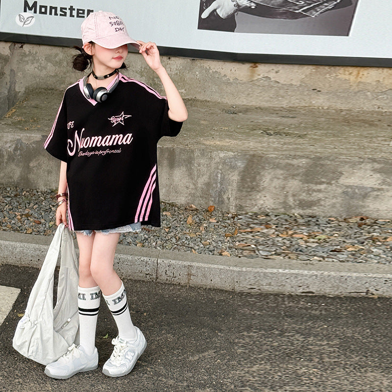 Children's American Short-sleeved Summer Contrast Color Striped Letter Korean Children's T-shirt