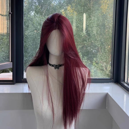 Forehead Lace Raspberry Red Mid-length French Female Long Straight Wig
