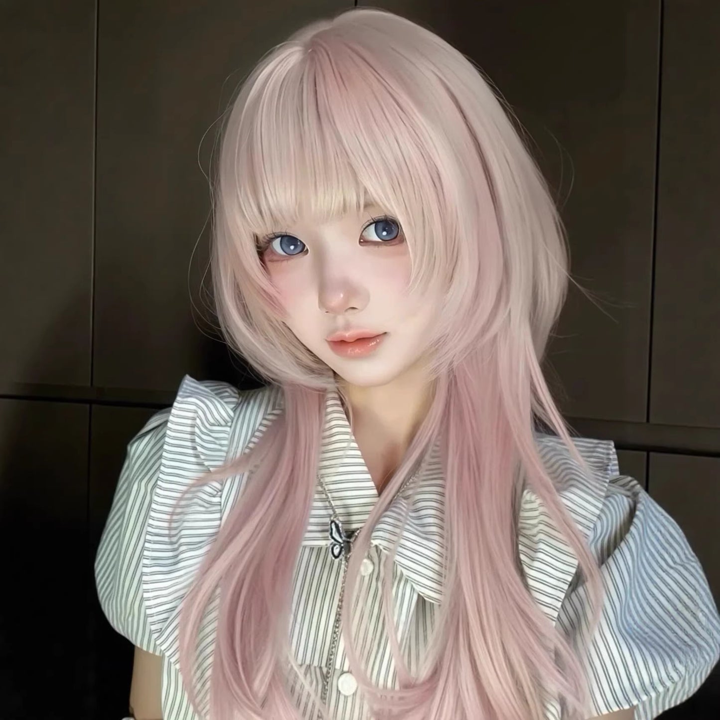 Gradient High Level Straight Bangs Jellyfish Head Full Wig Long Curls