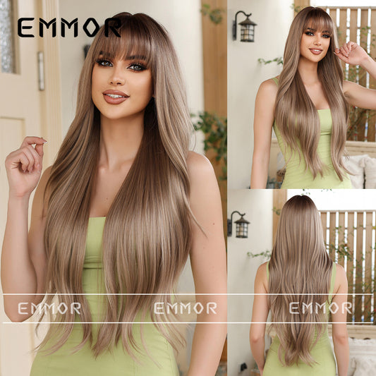 Women's Bangs Brown Curly Hair Natural Fluffy Whole Chemical Wig Long Curls