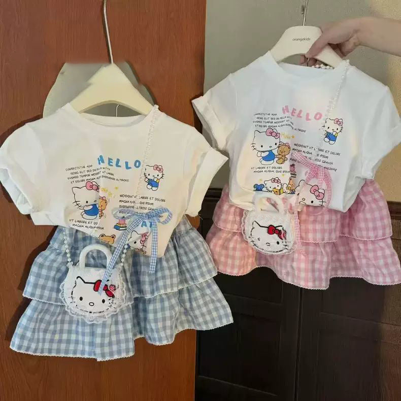 Sweet Cat Short-sleeved T-shirt Plaid Korean Style Fashionable Princess Two-piece Children's Suit