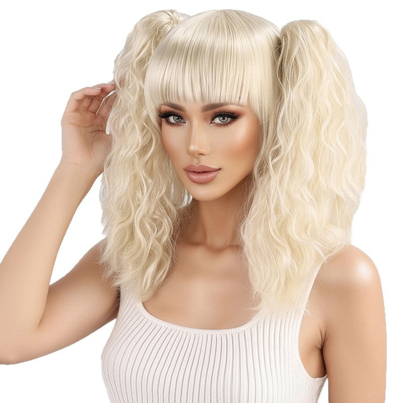 Beige White Double Ponytail Jaws Clamp Fringe Wig Short Straight Hair