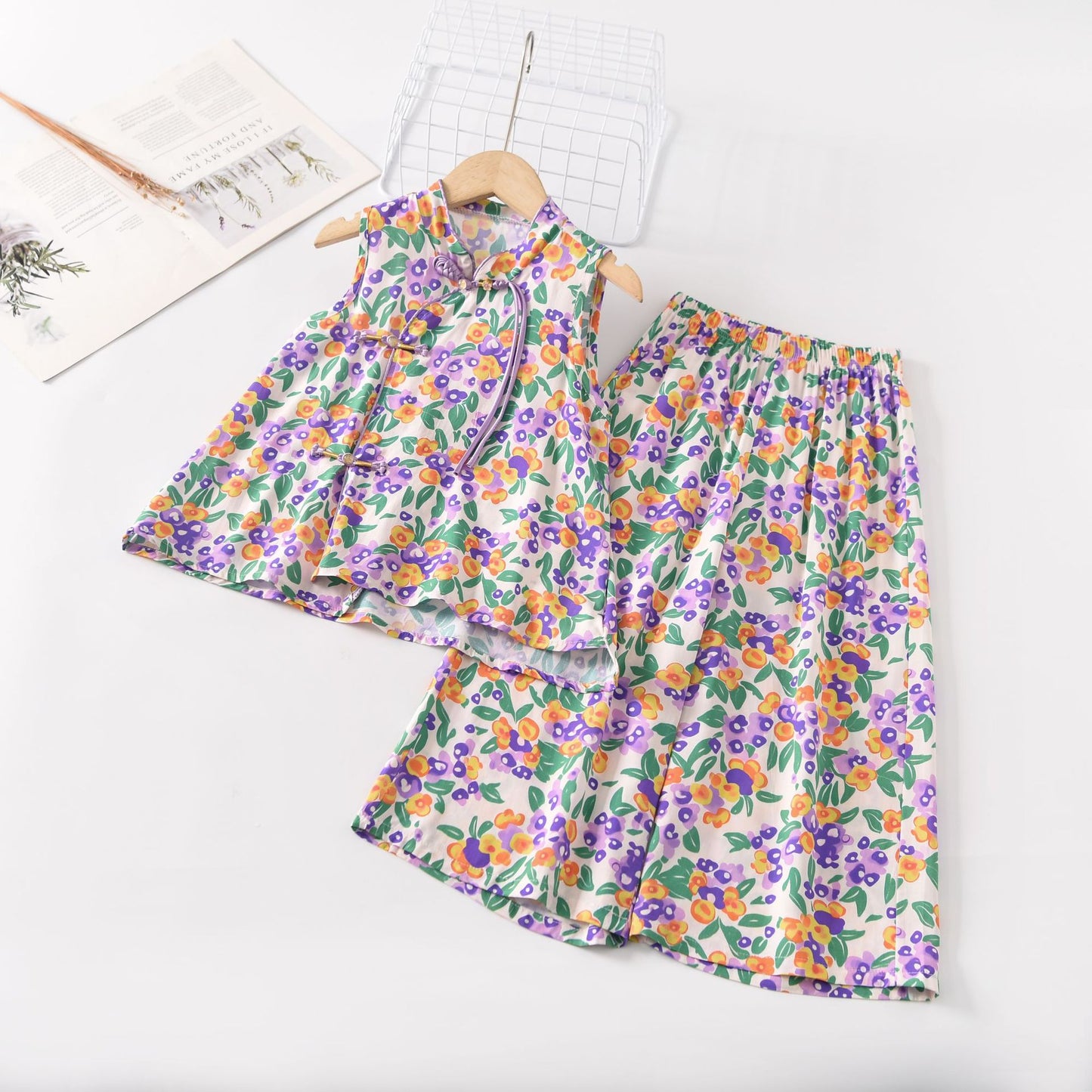 Children's Cool Summer Vest Shorts Poplin Pajamas Artificial Cotton National Children's Suit