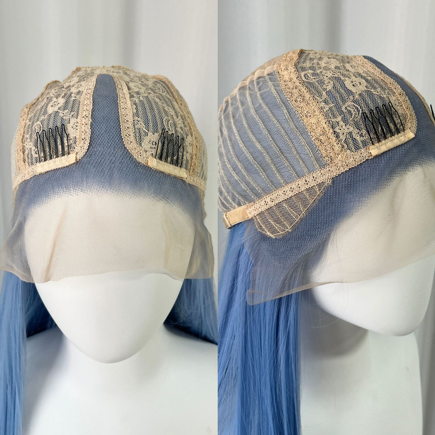 Universal Blue Color Head Cover Hand Crochet Embryo Forehead Lace Long Straight Wig