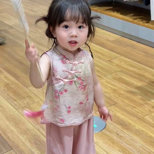 Drunk Peach Blossom Chinese Style National Pink Jacquard Cheongsam Pants Children's Suit