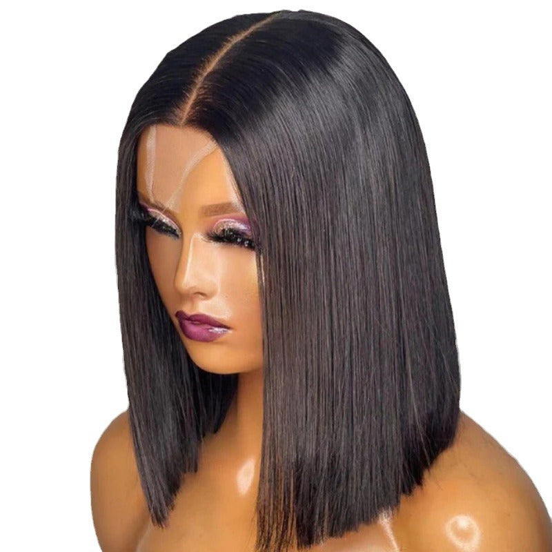 Attractive Human Closure Kim Bob Straight Real Hair Wig