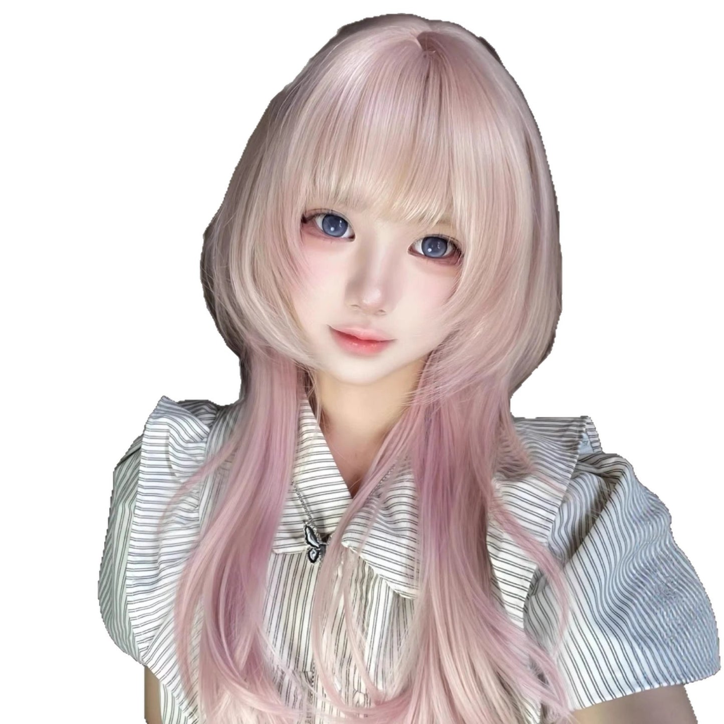 Gradient High Level Straight Bangs Jellyfish Head Full Wig Long Curls