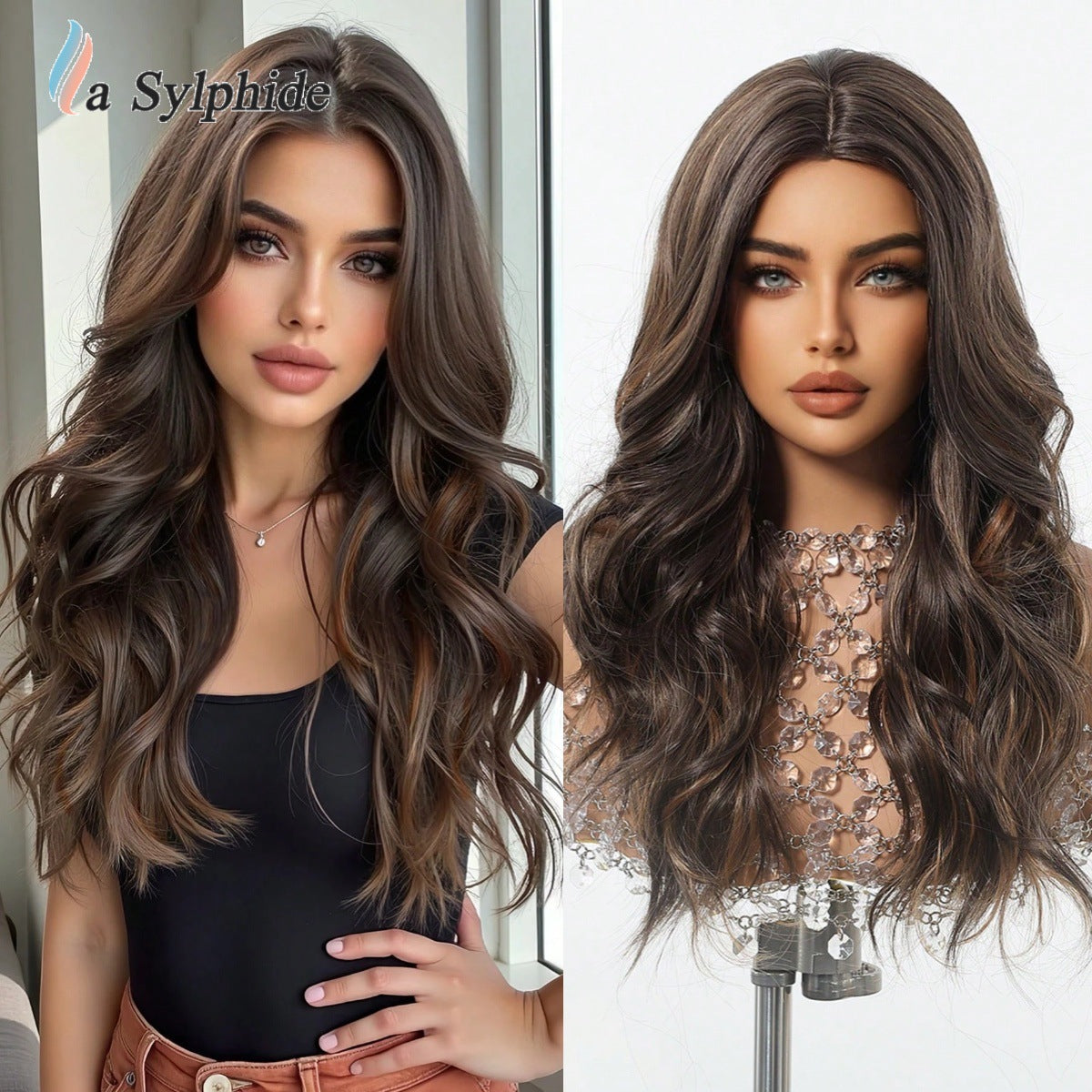 Curly Hair Medium Black Brown Dyed Female Head Cover Fiber Wig Long Curls