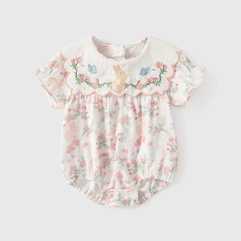 Butterfly Flower Embroidery Jumpsuit Home Comfortable Breathable Short Sleeve Triangle Jumpsuit, Climbing Suit