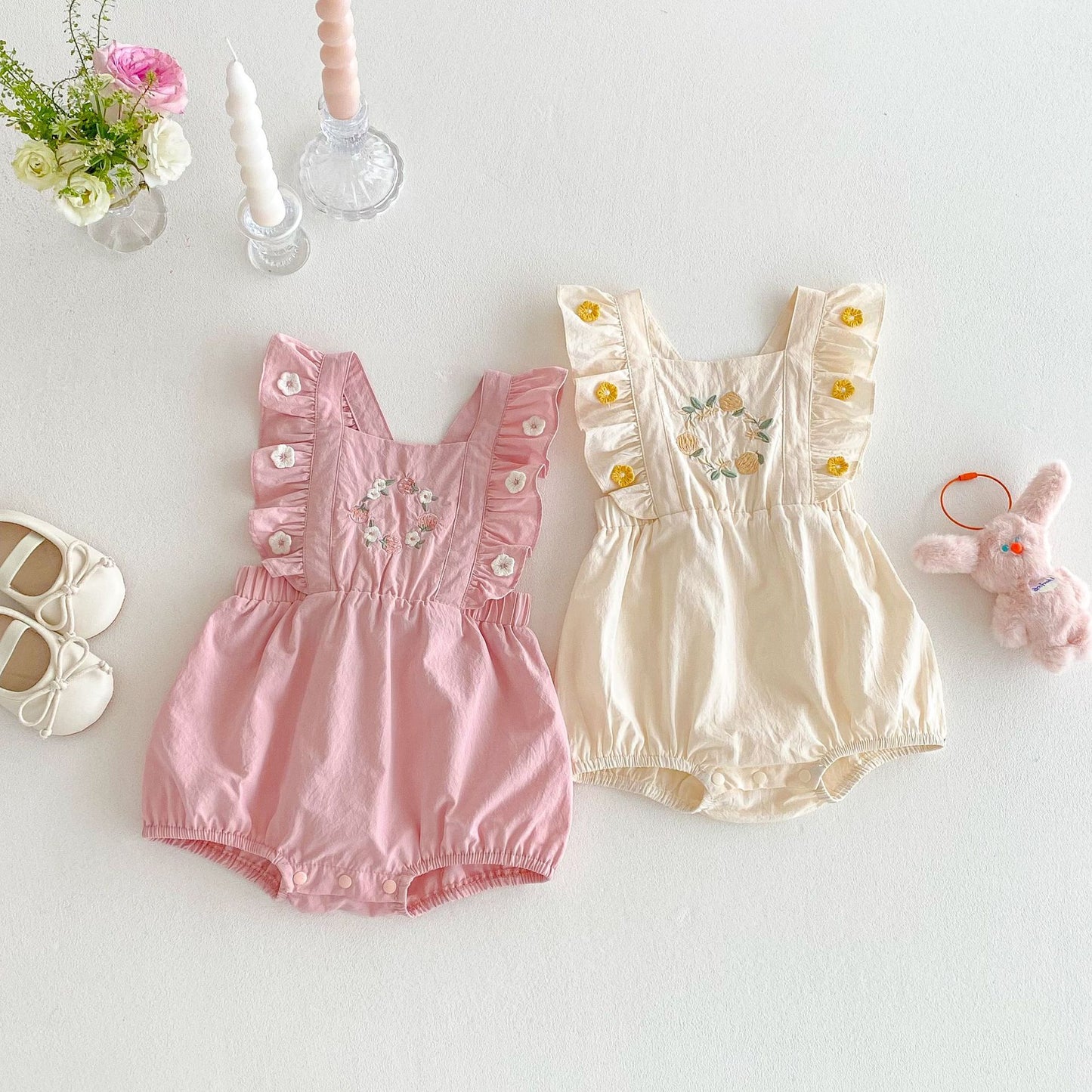 No Embroidery Summer Korean Style Flounced Sleeve Floral Jumpsuit, Climbing Suit